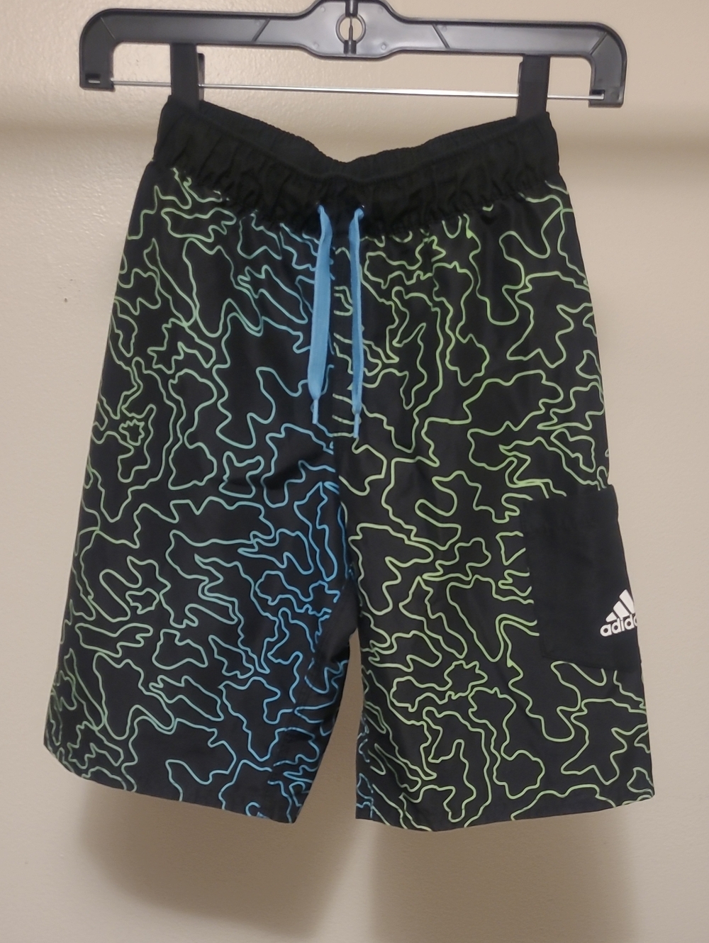 adidas Boy’s Black Swim Shorts with Blue & Green Line Print